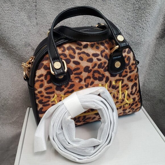 New VON DUTCH Leopard Pony Hair Bowling Bag Satchel Crossbody Handbag Black Logo - Picture 4 of 12